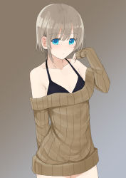 Rule 34 | 1girl, absurdres, akitaka (pixiv12739753), bikini, bikini top only, blue eyes, breasts, cleavage, highres, light brown hair, original, ribbed sweater, short hair, simple background, small breasts, solo, sweater, swimsuit