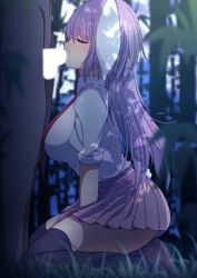 Rule 34 | 1boy, 1girl, animal ears, bamboo, bamboo forest, black legwear, blouse, breasts, censored, clothed female nude male, darumoon, closed eyes, fellatio, forest, hetero, highres, large breasts, light purple hair, long hair, medium skirt, nature, necktie, nude, oral, outdoors, penis, pink skirt, pleated skirt, purple hair, rabbit ears, rabbit girl, rabbit tail, red necktie, reisen udongein inaba, shirt, skirt, solo focus, tail, touhou, very long hair, white shirt