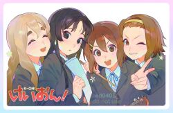 4girls akiyama_mio arm_around_shoulder black_eyes black_hair black_jacket blazer blonde_hair blue_ribbon border brown_eyes brown_hair closed_eyes collared_shirt copyright_name double-parted_bangs drumsticks ed0401 facing_viewer gradient_border grin hair_between_eyes hair_ornament hairband hairclip hirasawa_yui holding holding_drumsticks holding_paper jacket k-on! kotobuki_tsumugi light_blush long_hair long_sleeves looking_at_viewer multiple_girls neck_ribbon one_eye_closed open_mouth paper parted_lips ribbon sakuragaoka_high_school_uniform school_uniform shirt short_eyebrows short_hair smile star_(symbol) sweatdrop tainaka_ritsu teeth thick_eyebrows tongue twitter_username v v-shaped_eyebrows watermark white_background white_shirt yellow_hairband