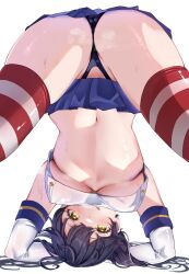 Rule 34 | 1girl, all fours, ass, black panties, blue skirt, breasts, calin, commentary request, cosplay, crop top, crop top overhang, elbow gloves, gloves, highleg, highleg panties, highres, kantai collection, large breasts, legs apart, looking at viewer, looking through own legs, microskirt, midriff, navel, panties, pleated skirt, shimakaze (kancolle), shimakaze (kancolle) (cosplay), skirt, solo, steaming body, striped clothes, striped thighhighs, sweat, thighhighs, thighs, top-down bottom-up, underboob, underwear, upside-down, ushio (kancolle), white background, white gloves, yellow eyes