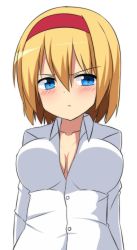 Rule 34 | &gt;:(, 1girl, alice margatroid, bad id, bad twitter id, blonde hair, blue eyes, blush, breasts, buttons, cleavage, closed mouth, collarbone, collared shirt, enushi (toho193), frown, hair between eyes, hairband, large breasts, long sleeves, looking at viewer, partially unbuttoned, red hairband, shirt, short hair, simple background, solo, touhou, upper body, v-shaped eyebrows, white background, white shirt