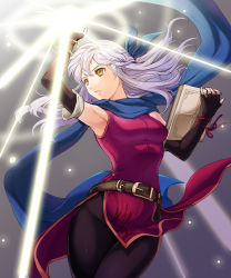 Rule 34 | 1girl, arm up, armpits, bare shoulders, belt, belt buckle, black gloves, black pantyhose, blue scarf, book, breasts, buckle, commentary request, cowboy shot, dress, elbow gloves, fingerless gloves, fire emblem, fire emblem: radiant dawn, gloves, glowing, hair ribbon, half updo, holding, holding book, jewelry, kokouno oyazi, light rays, long hair, looking to the side, magic, medium breasts, micaiah (fire emblem), nintendo, pantyhose, parted lips, ribbon, scarf, side slit, silver hair, sleeveless, sleeveless dress, solo, standing, wrist ribbon, yellow eyes
