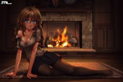 Rule 34 | 1girl, arm support, artist name, black skirt, blue eyes, blush, breasts, brown hair, brown pantyhose, buttons, cleavage, collarbone, covered erect nipples, curly hair, eyelashes, fire, fireplace, freckles, full body, globe, hair between eyes, indoors, jewelry, long hair, looking at viewer, lying, miniskirt, mleth, necklace, no bra, no shoes, off shoulder, on floor, on side, original, pantyhose, pendant, reclining, rug, shirt, short sleeves, skirt, sleeves rolled up, smile, solo, stone, toes, underwear, white shirt, wooden floor