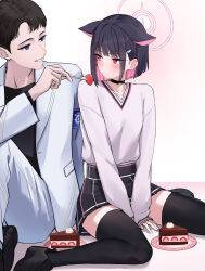 Rule 34 | 1boy, 1girl, absurdres, animal ears, aoi riko, black choker, black hair, black thighhighs, blue archive, blush, cake, cake slice, chocolate cake, choker, eye contact, feeding, food, fork, halo, highres, holding, holding fork, jacket, kazusa (blue archive), looking at another, multicolored hair, own hands together, pink hair, pleated skirt, sensei (blue archive), simple background, sitting, skirt, thighhighs, two-tone hair, wariza, white background, white jacket