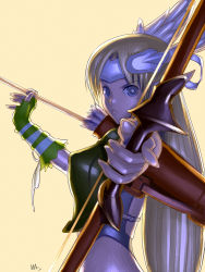Rule 34 | 1girl, aiming, aiming at viewer, arrow (projectile), bad id, bad pixiv id, bare shoulders, blonde hair, bow (weapon), breasts, covered erect nipples, elf, fingerless gloves, gloves, holding, holding bow (weapon), holding weapon, long hair, original, pointy ears, small breasts, solo, valkyrie, wakino keibun, weapon