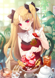 Rule 34 | 1girl, :o, black ribbon, blonde hair, bowl, chair, commentary request, cup, dress, drinking glass, drinking straw, ereshkigal (fate), fate/grand order, fate (series), food, fork, fruit, hair ribbon, head tilt, ice cream, incoming food, knife, long hair, looking at viewer, parted bangs, patori, pov dating, red dress, red eyes, religious offering, ribbon, sitting, sleeveless, sleeveless dress, solo, strawberry, table, teapot, two side up