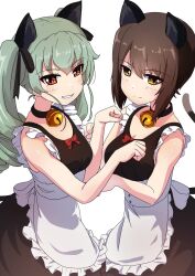 Rule 34 | alternate costume, anchovy (girls und panzer), animal ears, bell, blush, breasts, brown hair, buchikaki, cat ears, cat girl, cat tail, collar, drill hair, enmaided, girls und panzer, green hair, hair ribbon, highres, large breasts, maid, neck bell, nishizumi maho, orange eyes, paw pose, ribbon, short hair, simple background, sleeveless, tail, twin drills, white background, yellow eyes