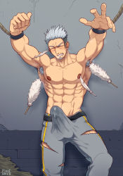 Rule 34 | 1boy, abs, absurdres, against wall, armpit hair, armpits, artist name, bara, belt, biceps, blush, bulge, closed eyes, erection, erection under clothes, feathers, feet out of frame, fiooi, grey hair, gyee, hairy, highres, large pectorals, male focus, manly, mature male, miles (gyee), muscular, muscular male, nipples, no shirt, pants, pectorals, precum, precum through clothes, saliva, saliva trail, shirt, signature, solo, steam, steaming body, teeth, thick arms, thick eyebrows, tickling, tickling armpits, tickling ears, tickling nipples, torn clothes, undercut, wall, wet, wet clothes, wet shirt, wrist cuffs
