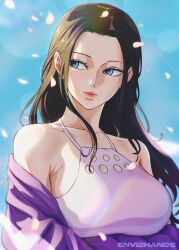 Rule 34 | 1girl, absurdres, black hair, blue background, blue eyes, breasts, envi2hands, falling petals, highres, large breasts, long hair, looking to the side, nico robin, one piece, petals, signature, solo, sweater