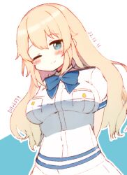 Rule 34 | 1girl, aoki hagane no arpeggio, arms behind back, atago (kancolle), blonde hair, blue bow, blue bowtie, blue eyes, bow, bowtie, breast pocket, breasts, cosplay, kantai collection, large breasts, long hair, looking at viewer, military, military uniform, naval uniform, one-hour drawing challenge, one eye closed, pocket, school uniform, shirt, simple background, skirt, smile, solo, uniform, white background, white shirt, white skirt, x6f