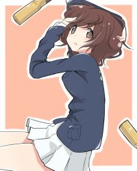Rule 34 | 10s, 1girl, akiyama yukari, arm behind head, arm pillow, artist name, blue jacket, brown eyes, brown hair, cbgb, commentary, cowboy shot, from above, girls und panzer, hand in own hair, jacket, long sleeves, looking at viewer, lying, messy hair, military, military uniform, miniskirt, on side, ooarai military uniform, outside border, parted lips, pink background, pleated skirt, short hair, signature, skirt, solo, tank shell, uniform, white skirt