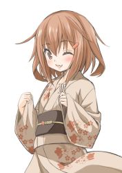 Rule 34 | 10s, 1girl, blush, brown eyes, brown hair, commentary request, fang, fujishima shinnosuke, hair ornament, hairclip, ikazuchi (kancolle), japanese clothes, kantai collection, kimono, looking at viewer, obi, one eye closed, open mouth, sash, short hair, simple background, smile, solo, white background, yukata