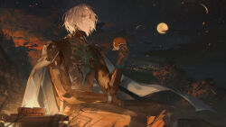 Rule 34 | 1boy, autumn, autumn leaves, cape, chinese commentary, chouyin vhu, commentary request, eyepatch, facial hair, food, full moon, grey hair, highres, holding, holding food, looking up, mechanical heart, mechanical parts, moon, mooncake, night, night sky, official art, one eye covered, punishing: gray raven, scar, sitting, sky, smile, stubble, tray, tree, watanabe: epitaph (punishing: gray raven), watanabe (punishing: gray raven), wind, yellow eyes