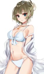 Rule 34 | 10s, 1girl, arms behind back, bad id, bad pixiv id, bare shoulders, bikini, blue bikini, blue eyes, blunt bangs, blush, breasts, choker, cleavage, collarbone, cowboy shot, earrings, eyelashes, front-tie bikini top, front-tie top, gluteal fold, green eyes, green hair, heterochromia, highres, idolmaster, idolmaster cinderella girls, jewelry, large breasts, looking at viewer, medium breasts, misumi (macaroni), mole, mole under eye, navel, necklace, off shoulder, open clothes, parted lips, pendant, revision, ribbon, short hair, simple background, smile, solo, standing, stomach, strap slip, swimsuit, takagaki kaede, thighs, tsurime, white background, white bikini, white choker, white ribbon