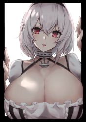 Rule 34 | 1girl, anchor choker, azur lane, backlighting, bad id, bad pixiv id, black border, black dress, black hairband, border, breasts, cleavage, dress, eyelashes, facing viewer, hair between eyes, hair intakes, hairband, hands up, highres, huge breasts, looking at viewer, open mouth, puffy short sleeves, puffy sleeves, red eyes, ruwoka, short hair, short sleeves, simple background, sirius (azur lane), solo, tareme, tongue, two-tone dress, upper body, white background, white dress, white hair