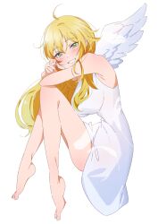 Rule 34 | 1girl, absurdres, ahoge, arm rest, bare legs, barefoot, blonde hair, blush, breasts, dress, feathered wings, green eyes, highres, hoshii miki, idolmaster, idolmaster (classic), idolmaster million live!, katsu (kana), large breasts, legs folded, long hair, looking at viewer, looking to the side, pointing, pointing at viewer, sleeveless, sleeveless dress, smile, solo, toes, very long hair, white dress, white wings, wings