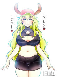 Rule 34 | 10s, 1girl, ^ ^, arms at sides, artist name, bare shoulders, baseball cap, bikini, black shorts, blonde hair, breasts, cameltoe, cleavage, cleavage cutout, closed eyes, closed mouth, clothing cutout, collarbone, cowboy shot, dragon girl, dragon horns, hair between eyes, hat, heart, horns, kobayashi-san chi no maidragon, kobayashi kobako, large breasts, legs together, long hair, looking at viewer, lucoa (maidragon), pink hat, plump, shorts, signature, simple background, sleeveless, smile, solo, swimsuit, thigh gap, translated, turtleneck, wavy hair, white background
