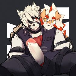 Rule 34 | absurdres, animal ears, arknights, ascot, black pants, black vest, colored tips, commentary, english commentary, erection, eyepatch, fang, from behind, furry, furry male, furry with furry, hand on another&#039;s shoulder, highres, horns, hung (arknights), komainu boy, komainu ears, looking at another, male focus, multicolored hair, nutto naan, one eye covered, open fly, open mouth, orange eyes, pants, penis, red ascot, red eyes, shirt, single horn, sitting, smile, thick eyebrows, vest, von lycaon, white shirt, wolf boy, wolf ears, yaoi, zenless zone zero