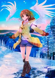 Rule 34 | 1girl, black footwear, boots, brown bag, brown jacket, commentary request, day, floating hair, gloves, highres, jacket, kanon, leaf, long sleeves, looking at viewer, maple leaf, mikazuki akira!, mittens, outdoors, parted lips, red eyes, red gloves, short hair, short shorts, shorts, smile, snow, snowing, solo, sweater, tree, tsukimiya ayu, turtleneck, turtleneck sweater, winter clothes