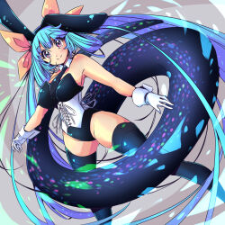 Rule 34 | 1girl, animal ears, black leotard, black necktie, black thighhighs, blue hair, blush, breasts, cleavage, closed mouth, collar, commission, corset, dizzy (guilty gear), fake animal ears, gloves, groin, guilty gear, guilty gear xrd, hair between eyes, hair ribbon, hair rings, highleg, highleg leotard, iguana henshuu-chou, large breasts, leotard, long hair, monster girl, necktie, playboy bunny, rabbit ears, red eyes, ribbon, simple background, skeb commission, skindentation, smile, solo, tail, tail ornament, tail ribbon, thick thighs, thighhighs, thighs, twintails, white background, white collar, white gloves, wrist cuffs, yellow ribbon