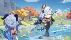 Rule 34 | 2girls, ahoge, black bodysuit, blue hair, bodysuit, braid, breast curtain, breasts, bridal legwear, chibi, closed mouth, commentary, day, detached sleeves, english commentary, floating hair, flower, from behind, ganyu (genshin impact), genshin impact, goat horns, grey hair, hair ornament, hair over one eye, hand up, highres, hip vent, holding, holding flower, holding polearm, holding weapon, horns, ice, low-braided long hair, low-tied long hair, low ponytail, medium breasts, mountain, multicolored eyes, multiple girls, official art, outdoors, polearm, shenhe (genshin impact), standing, tassel, tree, water, weapon, white flower