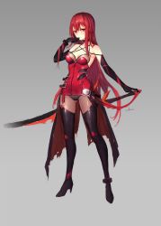 Rule 34 | 1girl, bare shoulders, black footwear, black gloves, black panties, bodysuit, boots, breasts, choker, cleavage, crimson avenger (elsword), dress, elbow gloves, elesis (elsword), elsword, full body, gloves, gluteal fold, grey background, hand up, high heel boots, high heels, highres, holding, holding sword, holding weapon, leotard, long hair, looking at viewer, medium breasts, panties, red dress, red eyes, red hair, sidelocks, signature, simple background, solo, standing, swd3e2, sword, thigh boots, thighhighs, underwear, very long hair, weapon