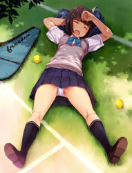 Rule 34 | 1girl, arm pillow, bag, ball, black hair, black skirt, black socks, blue bow, blue bowtie, blunt bangs, blush, bob cut, bow, bowtie, breasts, brown footwear, brown hair, clenched hand, collared shirt, dress shirt, english text, from above, full body, grass, hair ornament, hairclip, hand on forehead, highres, loafers, lying, miniskirt, on ground, open mouth, original, panties, pantyshot, pleated skirt, racket, school bag, school uniform, shade, shirt, shoe soles, shoes, short hair, short sleeves, skirt, sleeping, small breasts, socks, solo, spread legs, sweater vest, tennis ball, tennis racket, tennis racket case, underwear, white panties, white shirt, yokaze japan