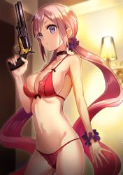 Rule 34 | 1girl, bra, breasts, cleavage, closed mouth, cowboy shot, gun, hand up, handgun, holding, holding gun, holding weapon, indoors, lace trim, lamp, large breasts, lingerie, long hair, low twintails, minami ikkei, navel, original, panties, pink hair, purple eyes, red bra, red panties, revolver, sidelocks, solo, twintails, underwear, very long hair, wavy hair, weapon