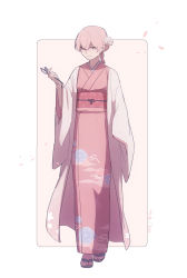 Rule 34 | 1girl, artist name, border, cloak, closed mouth, commentary request, flower, grey eyes, hair between eyes, hair flower, hair ornament, hand up, highres, holding, holding scissors, japanese clothes, kimono, long hair, looking at object, nanahyaku torako, obi, original, outside border, pink background, pink hair, pink kimono, ponytail, print kimono, sash, scissors, solo, white border, white cloak, white flower, wide sleeves