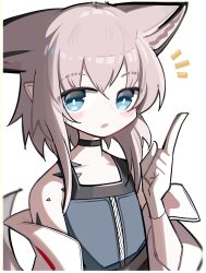 Rule 34 | 1girl, absurdres, ahoge, animal ear fluff, animal ears, arknights, bare shoulders, black choker, blue dress, blue eyes, blush stickers, brown hair, choker, dress, fox ears, fox girl, fox tail, gloves, hair between eyes, hand up, highres, index finger raised, jacket, looking at viewer, notice lines, off shoulder, open clothes, open jacket, parted lips, pointy ears, sidelocks, simple background, solo, spam (spamham4506), sussurro (arknights), sweat, tail, upper body, white background, white gloves, white jacket