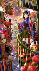 Rule 34 | 1girl, architecture, bell, black cat, black hair, blue eyes, blunt bangs, book, bookshelf, boots, bow, brown footwear, brown hair, bug, butterfly, camellia, candy, card, carnation, cat, cherry blossoms, corset, cross-laced clothes, cross-laced corset, cross-laced footwear, daruma doll, east asian architecture, fish, fishbowl, flower, food, fox, fox mask, frills, fuzichoco, goldfish, hand on headwear, headphones, highres, hime cut, insect, japanese clothes, jar, kimono, knee boots, konpeitou, lace-up boots, lantern, library, lolita fashion, long hair, long sleeves, looking at viewer, mask, oni mask, original, pantyhose, phonograph, playing card, pleated skirt, rope, scenery, shrine bell, skirt, smile, solo, stairs, tree, wa lolita, white cat, white pantyhose