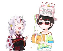 Rule 34 | bad id, bad twitter id, bell, birthday, black kimono, box, brown hair, candle, closed eyes, clothing cutout, collarbone, commentary, commentary request, confetti, cowboy shot, expressionless, fang, frilled sleeves, frills, gift, gift box, gold trim, hair bell, hair bun, hair ornament, happy birthday, highres, holding, holding box, holding gift, hololive, horns, japanese clothes, jingle bell, kimono, kirome toru 2, kouhaku nawa, long hair, long sleeves, multicolored hair, nakiri ayame, nakiri ayame (1st costume), off shoulder, oni, oozora subaru, oozora subaru (1st costume), open mouth, party popper, red hair, rope, shimenawa, shirt, short hair, shorts, shoulder cutout, silver hair, simple background, single hair bun, skin-covered horns, skin fang, smile, streaked hair, streamers, striped clothes, striped shirt, sunglasses, swept bangs, symbol-only commentary, t-shirt, tassel, tied shirt, vertical-striped clothes, vertical-striped shirt, virtual youtuber, white background, white shirt, white shorts, wide sleeves, yellow shirt