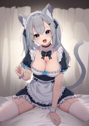 Rule 34 | 1girl, :d, absurdres, animal ears, apron, bell, black bow, black bowtie, black choker, black ribbon, blue eyes, bow, bowtie, breasts, cat ears, cat girl, choker, cleavage, commentary request, fang, garter straps, grey hair, hair ribbon, highres, hinata (user rjkt4745), jingle bell, long hair, looking at viewer, maid apron, maid headdress, medium breasts, neck bell, open mouth, original, ribbon, sitting, skin fang, smile, solo, thighhighs, white apron, white thighhighs, zettai ryouiki