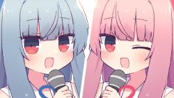 2girls :d ;d armpit_crease bare_shoulders blue_hair blue_ribbon blush commentary dated_commentary hand_up hibino_000 holding holding_microphone kotonoha_akane kotonoha_aoi long_hair looking_at_viewer microphone multiple_girls one_eye_closed open_mouth pink_hair portrait red_eyes red_ribbon ribbon sailor_collar sidelocks smile voiceroid white_sailor_collar