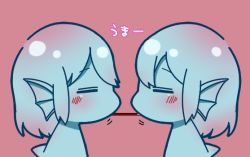 Rule 34 | 2girls, = =, animal ears, blue hair, blue skin, blush, chibi, closed mouth, colored skin, dorsal fin, facing another, filet (kai himo), fins, food, from side, head fins, kai himo, monster girl, multiple girls, original, pink background, pocky, pocky kiss, profile, shared food, short hair, simple background, symmetry