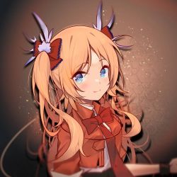 Rule 34 | 1girl, arknights, blonde hair, blue eyes, blush, bow, bowtie, bracelet, commentary request, hair bow, jacket, jewelry, long hair, looking at viewer, official alternate costume, pinecone (arknights), pinecone (sing a song) (arknights), red bow, red jacket, shirt, smile, solo, suimz, twintails, white shirt