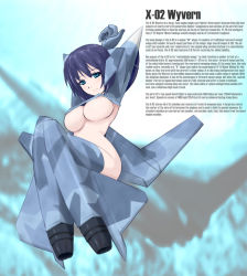 Rule 34 | 1girl, ace combat, ace combat 04, aircraft, airplane, aqua eyes, areola slip, arms behind head, blue hair, blurry, blush, bottomless, breasts, camouflage, character name, covered erect nipples, crop top, english text, gloves, jet, large breasts, long sleeves, looking at viewer, mecha musume, ne hostler, personification, revealing clothes, short hair, sitting, smile, solo, text focus, thighhighs, underboob, wide hips, x-02 wyvern