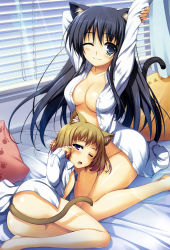 Rule 34 | 2girls, absurdres, animal ears, arms up, ass, black hair, blue eyes, breasts, brown hair, cat ears, cat tail, cleavage, highres, lap pillow, large breasts, lens flare, long hair, multiple girls, naked shirt, no bra, no pants, one eye closed, open clothes, open shirt, paw print, pillow, purple eyes, scan, shirt, short hair, small breasts, smile, sunlight, tail, tomose shunsaku, waking up