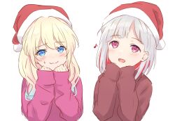 Rule 34 | 2girls, :d, blonde hair, blue eyes, blue hair, blush, bob cut, brown sweater, closed mouth, colored inner hair, eighth note, embarrassed, gradient hair, grey hair, hair down, hat, highres, inverted bob, light blue hair, link! like! love live!, long hair, long sleeves, looking at viewer, love live!, multicolored hair, multiple girls, musical note, nervous smile, open mouth, osawa rurino, pink eyes, pink sweater, red hair, red hat, santa hat, short hair, simple background, sleeves past fingers, sleeves past wrists, smile, streaked hair, sweatdrop, sweater, virtual youtuber, wavy mouth, white background, yugiri tsuzuri, yutuki ame
