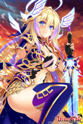 Rule 34 | 1girl, armor, armored dress, black gloves, blonde hair, blue dress, blue eyes, blue thighhighs, blush, breasts, cleavage, closed mouth, cloud, cloudy sky, copyright name, dress, energy sword, fingerless gloves, fingernails, gloves, glowing, glowing sword, glowing weapon, green nails, hair between eyes, halo, hand up, highres, hisen kaede, holding, holding sword, holding weapon, large breasts, long hair, multicolored hair, nail polish, outdoors, pauldrons, purple hair, red sky, shoulder armor, sky, smile, solo, sword, thighhighs, two-tone hair, venus blade, very long hair, watermark, weapon