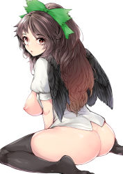 Rule 34 | 1girl, :o, ass, bird wings, black thighhighs, black wings, blouse, bow, breasts, brown hair, feathered wings, green bow, hair bow, highres, krjenl, large breasts, long hair, nipples, no bra, no panties, no pants, open clothes, open shirt, ponytail, red eyes, reiuji utsuho, shirt, simple background, sitting, solo, thighhighs, touhou, white background, white shirt, wings