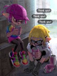 Rule 34 | 07 qop, 2girls, absurdres, baseball cap, black-framed eyewear, black footwear, black leggings, blonde hair, boots, can, commentary request, cross-laced footwear, drink can, full body, glasses, hat, highres, holding, holding can, inkling, inkling girl, inkling player character, leggings, multicolored footwear, multicolored shirt, multiple girls, nintendo, open mouth, outdoors, pink hair, pink hat, pointy ears, shirt, shoes, short hair, sitting, soda can, speech bubble, splatoon (series), t-shirt, tentacle hair, thank you, thick eyebrows