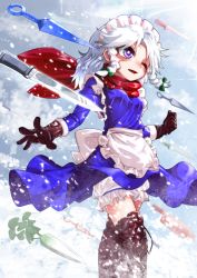 Rule 34 | 1girl, apron, bloomers, blouse, blue eyes, blue shirt, blue skirt, boots, braid, breasts, brown gloves, clothes lift, cross-laced footwear, daikon, gloves, highres, izayoi sakuya, knife, lace-up boots, long sleeves, maid, maid headdress, medium breasts, nomayo, radish, shirt, skirt, skirt lift, solo, thigh boots, thighhighs, touhou, twin braids, underwear, waist apron, white hair, wind, wind lift