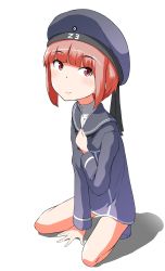 Rule 34 | 10s, 1girl, brown hair, clothes writing, dress, eyebrows, female focus, full body, hand on own chest, hat, highres, kantai collection, kneeling, looking at viewer, maple takoyaki, sailor collar, sailor dress, sailor hat, short hair, simple background, smile, solo, white background, z3 max schultz (kancolle)