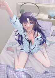 Rule 34 | 1girl, arm up, bed, black bra, blanket, blue archive, blue shirt, blurry, blush, bra, breasts, cellphone, cleavage, clock, covering own mouth, depth of field, halo, hand over own mouth, highres, indoors, kurape (pat1na), long hair, looking at viewer, messy hair, on bed, one eye closed, open mouth, outstretched arm, pajamas, phone, pillow, plant, potted plant, purple hair, shirt, sitting, small breasts, socks, solo, stretching, tearing up, underwear, waking up, wariza, yawning, yuuka (blue archive)