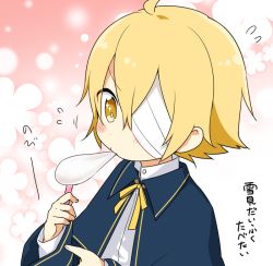 Rule 34 | 1boy, bandage over one eye, blonde hair, blue capelet, blush, capelet, eating, floral background, food, holding, holding own arm, holding food, male focus, mizuhoshi taichi, mochi, oliver (vocaloid), shirt, short hair, solo, sparkle, sweatdrop, translated, upper body, vocaloid, white shirt, yellow eyes, yukimi daifuku (food)