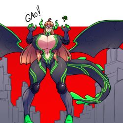 Rule 34 | 1girl, adapted costume, animal pose, blunt bangs, bodysuit, breasts, center opening, city, dragon wings, full body, gao, giant, giantess, gigantic breasts, glass, grin, horns, kemonomimi mode, knee pads, long hair, n647, necronomicon (persona 5), persona, persona 5, red eyes, sakura futaba, smile, standing, tail, ufo, very long hair, wide hips, wings