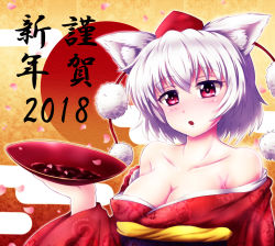 Rule 34 | 1girl, 2018, animal ears, bare shoulders, blush, breasts, cleavage, collarbone, commentary request, hat, highres, inubashiri momiji, japanese clothes, kimono, large breasts, looking at viewer, off shoulder, open mouth, petals, red eyes, short hair, silver hair, solo, sotomichi, tokin hat, touhou, translation request, wolf ears