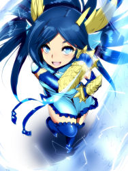 Rule 34 | 1girl, bad id, bad pixiv id, blue eyes, blue footwear, blue hair, boots, china dress, chinese clothes, dragon girl, dragon tail, dress, fins, from above, head fins, horns, hyudora, karin (p&amp;d), open mouth, puzzle &amp; dragons, smile, tail, thighhighs