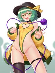 Rule 34 | 1girl, :d, absurdres, adapted costume, breasts, cleavage cutout, clothing cutout, coat, contrapposto, covered navel, from below, green eyes, green hair, hair between eyes, half-closed eyes, hat, heart cutout, highleg, highleg leotard, highres, komeiji koishi, leotard, looking at viewer, off shoulder, open mouth, people, petite, short hair, simple background, small breasts, smile, solo, touhou, yangshangshu, yellow coat